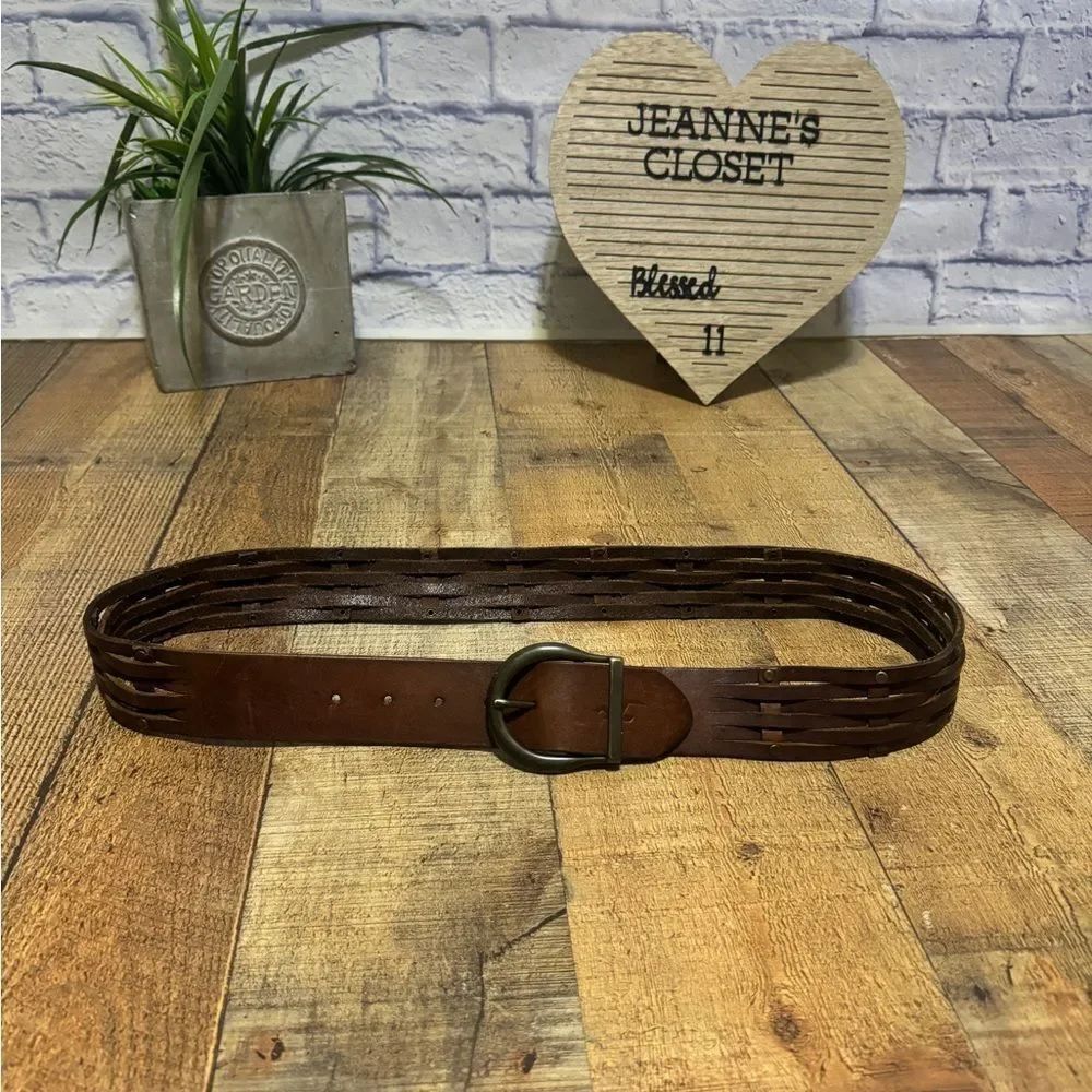 HOLLISTER - Women's Belt - BROWN Leather - LEATHER STRIPS DESIGN - Size M